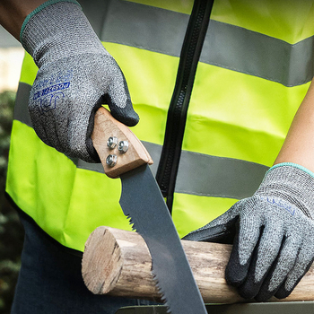 Mănuși anti-tăiere, standard european C, cu palme PU, antiderapante și rezistente la uzură, pentru construcții și prelucrarea lemnului