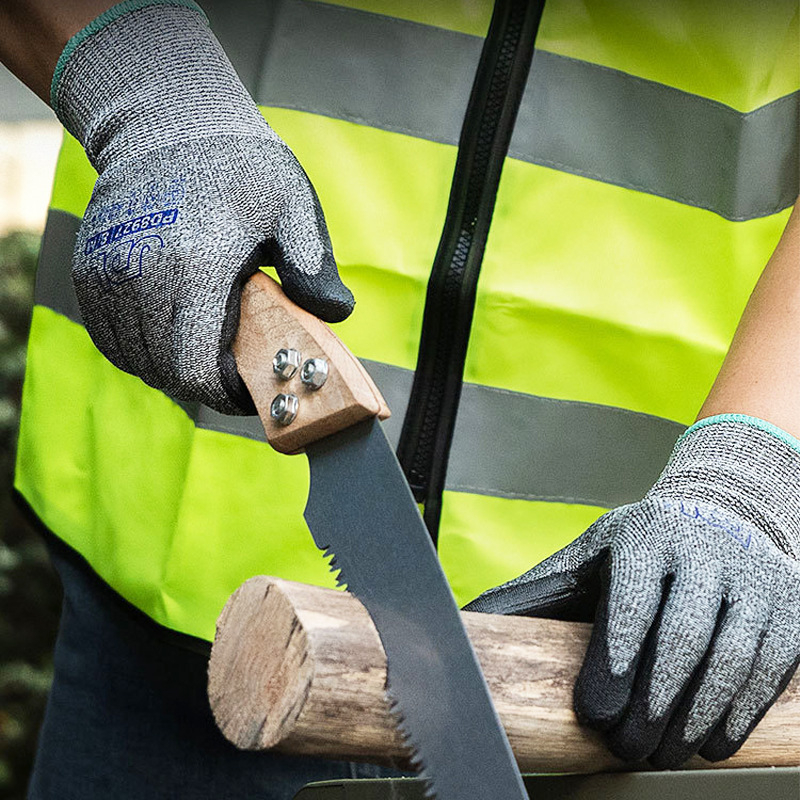 Mănuși anti-tăiere, standard european C, cu palme PU, antiderapante și rezistente la uzură, pentru construcții și prelucrarea lemnului