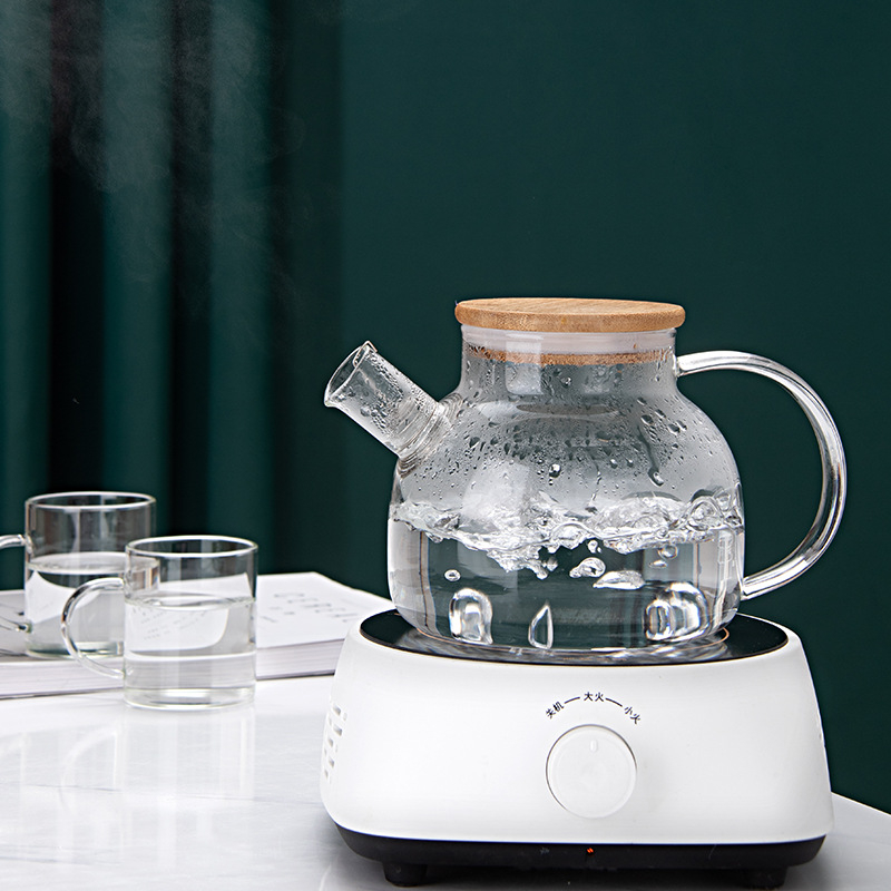 Ceainic din sticlă borosilicată cu capac din bambus, gură largă, pentru ceai și plante aromatice