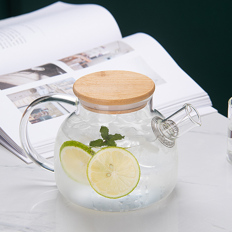 Ceainic din sticlă borosilicată cu capac din bambus, gură largă, pentru ceai și plante aromatice