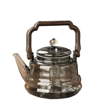 Ceainic din sticlă borosilicat de înaltă calitate, maro, cu model cer înstelat, cu dublu sistem de abur și un instrument din lemn natural pentru infuzarea ceaiului cu flori