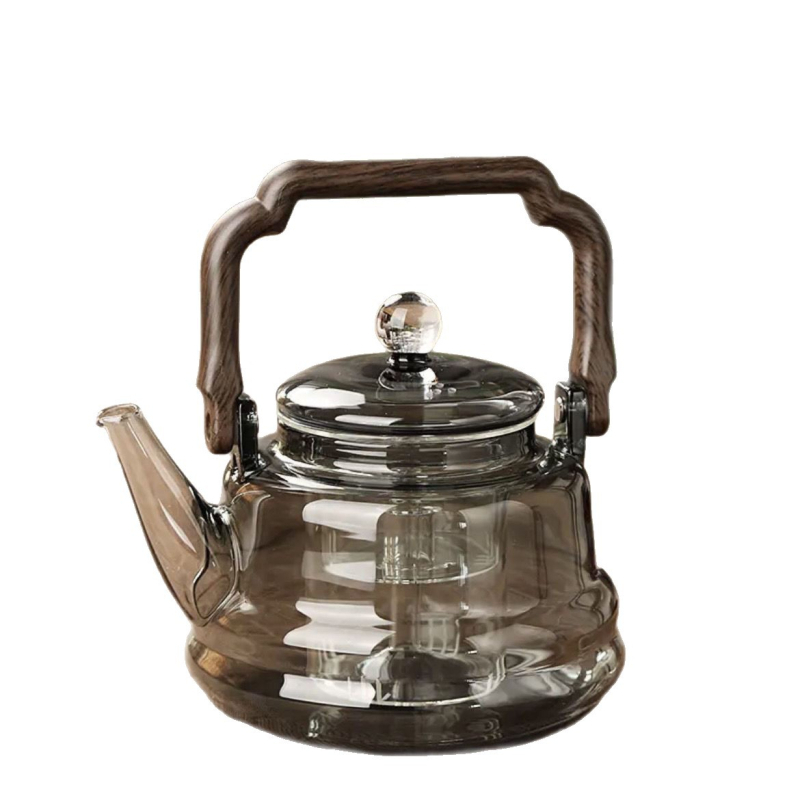 Ceainic din sticlă borosilicat de înaltă calitate, maro, cu model cer înstelat, cu dublu sistem de abur și un instrument din lemn natural pentru infuzarea ceaiului cu flori