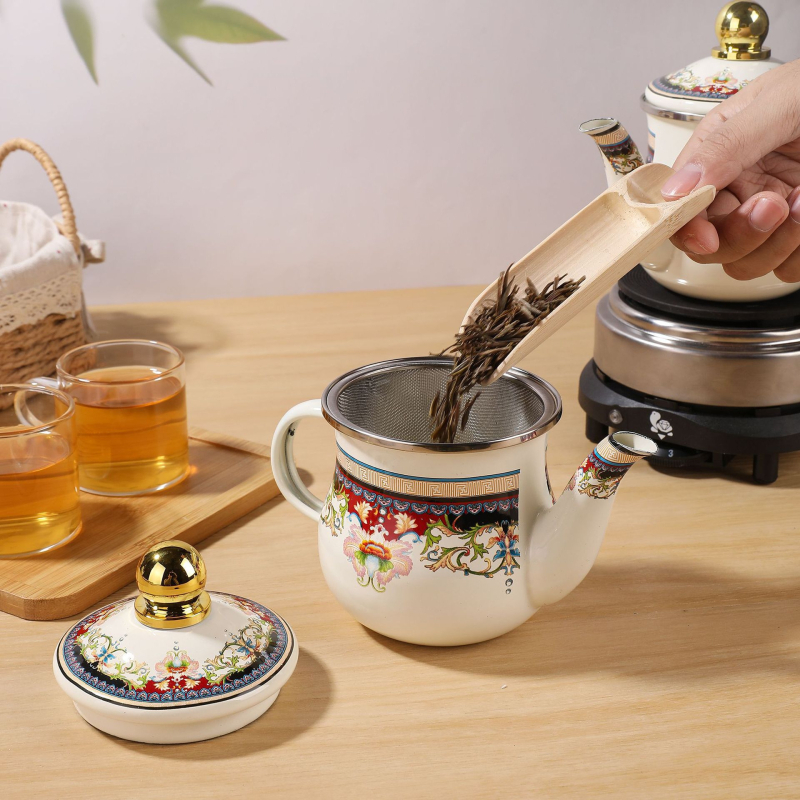 Ceainic emailat mini, 600 ml, pentru infuzarea ceaiului și cafelei, stil retro