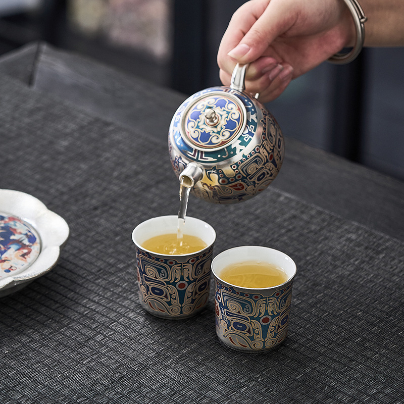 Set Gongfu de ceai, argintiu, cu ceainic și cești
