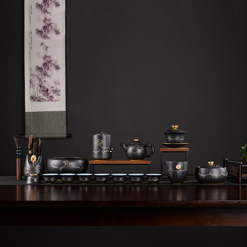 Set ceai Lotus – ceramică retro, pictură manuală, capac aurit, ceainic şi ceşti, set complet, personalizabil