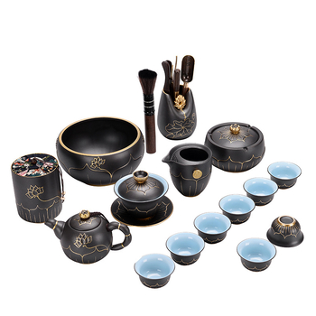 Set ceai Lotus – ceramică retro, pictură manuală, capac aurit, ceainic şi ceşti, set complet, personalizabil