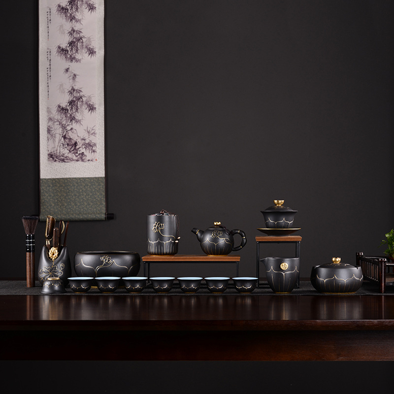 Set ceai Lotus – ceramică retro, pictură manuală, capac aurit, ceainic şi ceşti, set complet, personalizabil