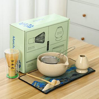 Bol ceramic pentru matcha și set de unelte pentru prepararea ceaiului cu perie pentru matcha și suport pentru chasen – cutie cadou japoneză