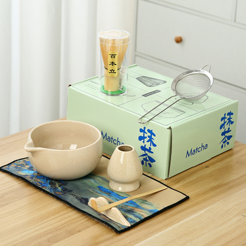 Bol ceramic pentru matcha și set de unelte pentru prepararea ceaiului cu perie pentru matcha și suport pentru chasen – cutie cadou japoneză