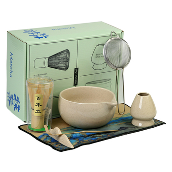 Bol ceramic pentru matcha și set de unelte pentru prepararea ceaiului cu perie pentru matcha și suport pentru chasen – cutie cadou japoneză