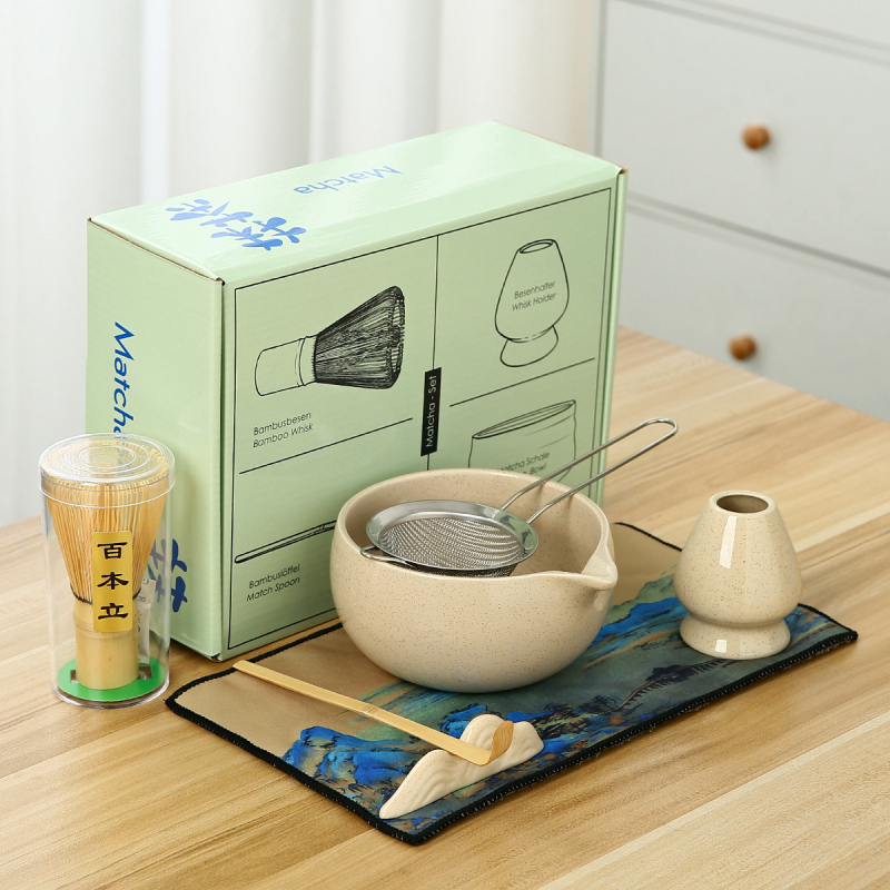 Bol ceramic pentru matcha și set de unelte pentru prepararea ceaiului cu perie pentru matcha și suport pentru chasen – cutie cadou japoneză