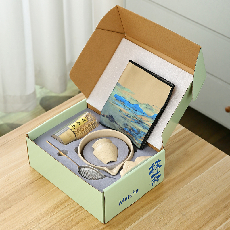 Bol ceramic pentru matcha și set de unelte pentru prepararea ceaiului cu perie pentru matcha și suport pentru chasen – cutie cadou japoneză