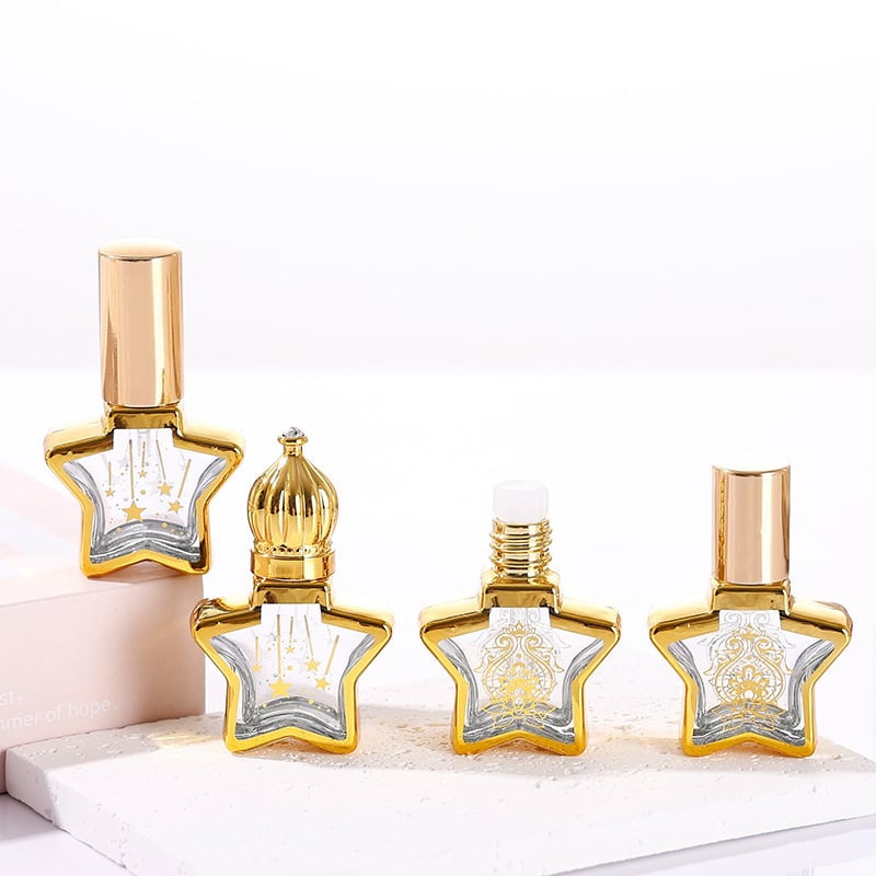 8 ml-es üveg parfümhöz és illóolajokhoz, elektroplatinált ötágú csillag fedéllel, permetező és roll-on kivitel