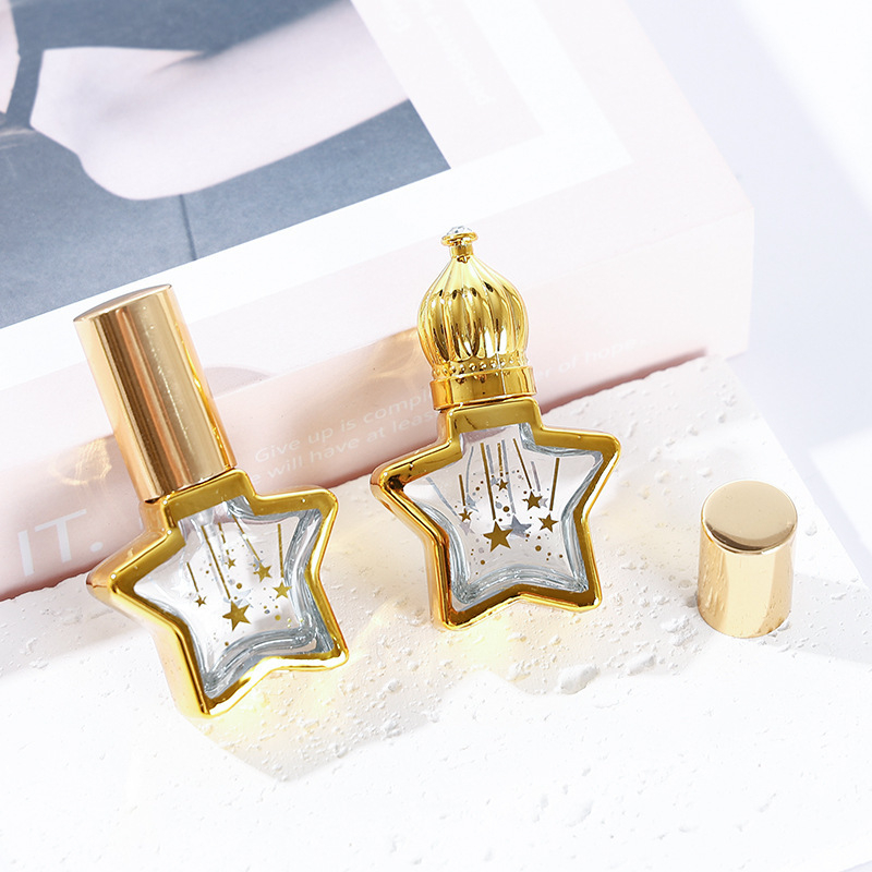 8 ml-es üveg parfümhöz és illóolajokhoz, elektroplatinált ötágú csillag fedéllel, permetező és roll-on kivitel