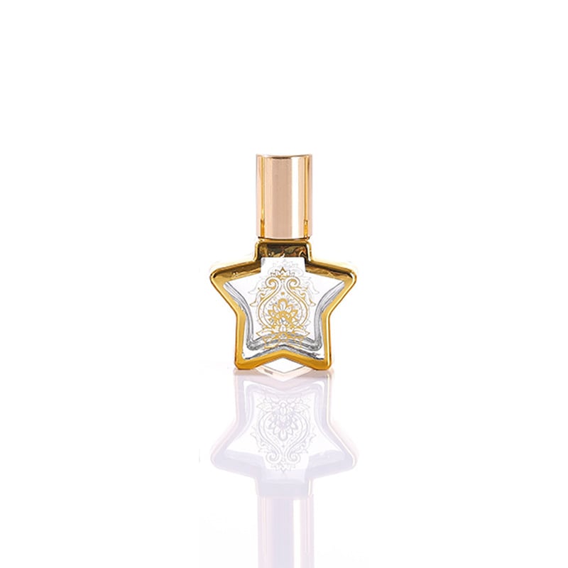 8 ml-es üveg parfümhöz és illóolajokhoz, elektroplatinált ötágú csillag fedéllel, permetező és roll-on kivitel