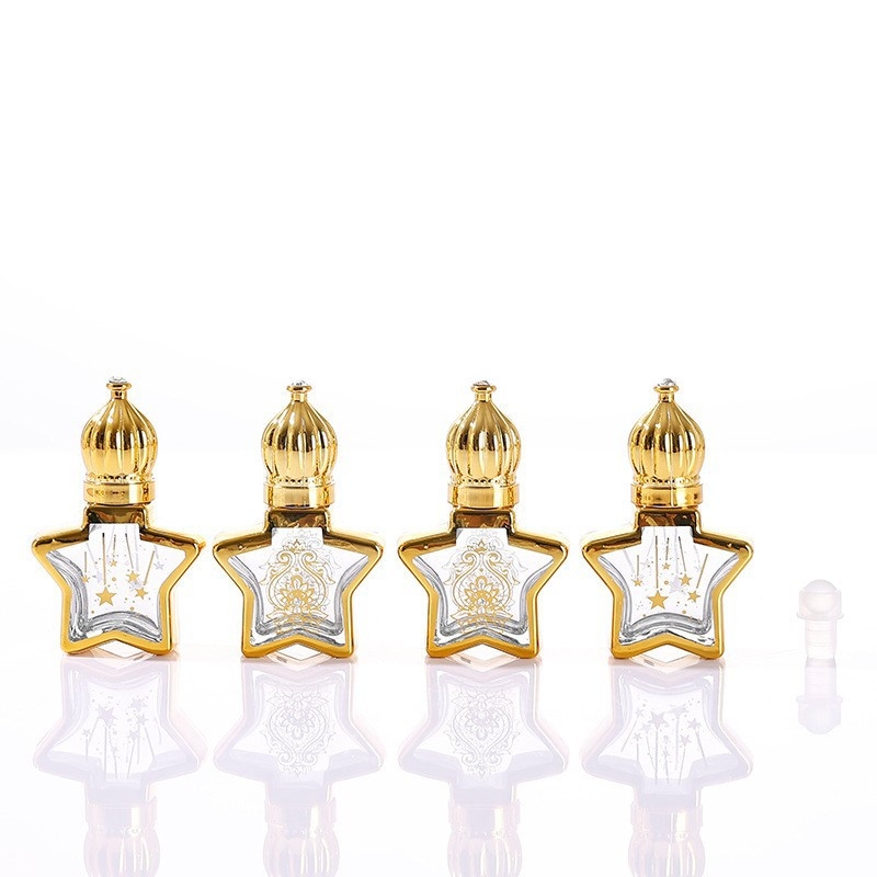 8 ml-es üveg parfümhöz és illóolajokhoz, elektroplatinált ötágú csillag fedéllel, permetező és roll-on kivitel