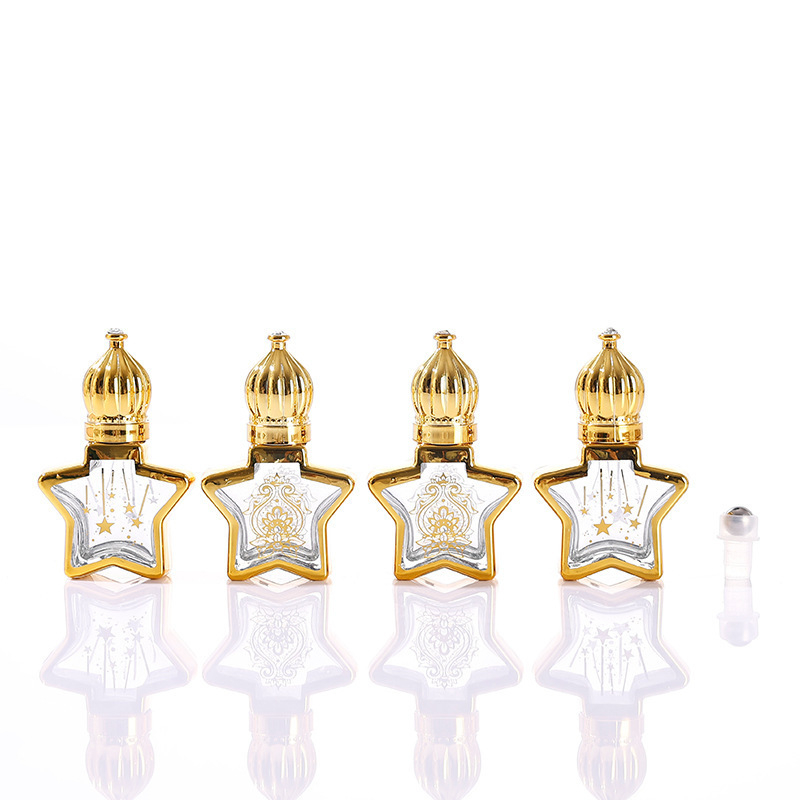 8 ml-es üveg parfümhöz és illóolajokhoz, elektroplatinált ötágú csillag fedéllel, permetező és roll-on kivitel