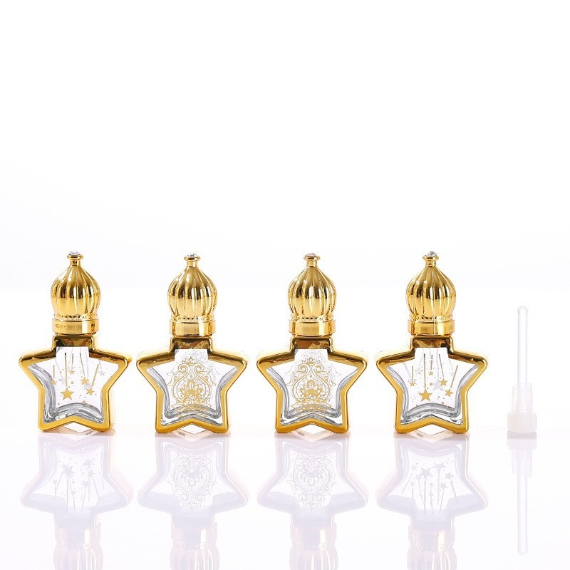 8 ml-es üveg parfümhöz és illóolajokhoz, elektroplatinált ötágú csillag fedéllel, permetező és roll-on kivitel