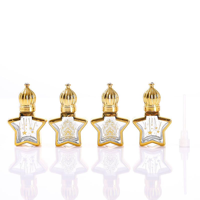 8 ml-es üveg parfümhöz és illóolajokhoz, elektroplatinált ötágú csillag fedéllel, permetező és roll-on kivitel