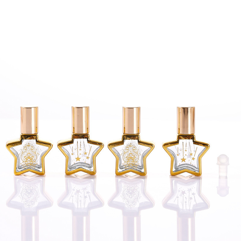8 ml-es üveg parfümhöz és illóolajokhoz, elektroplatinált ötágú csillag fedéllel, permetező és roll-on kivitel
