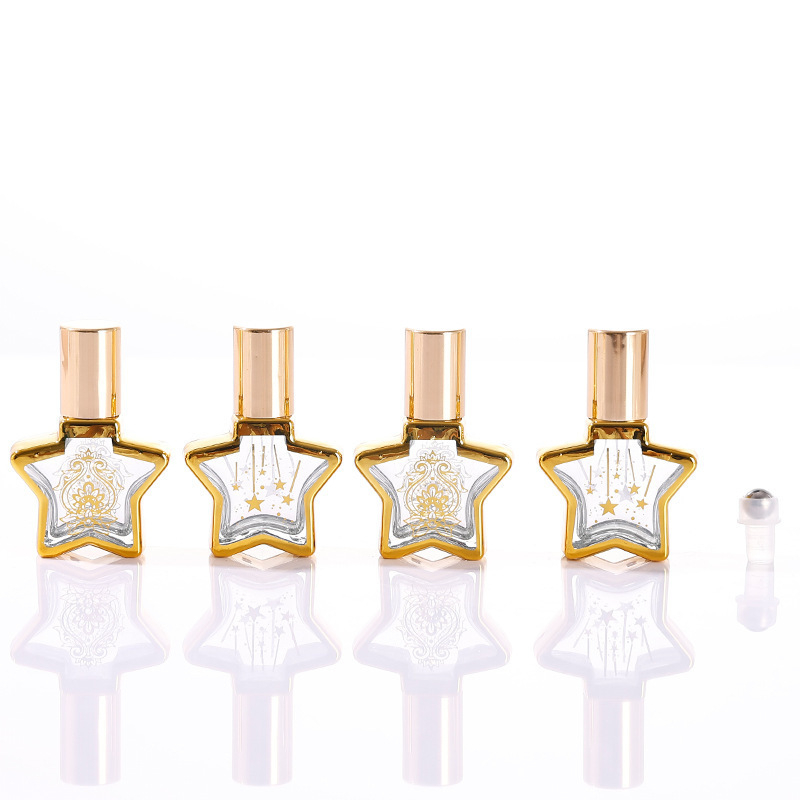 8 ml-es üveg parfümhöz és illóolajokhoz, elektroplatinált ötágú csillag fedéllel, permetező és roll-on kivitel