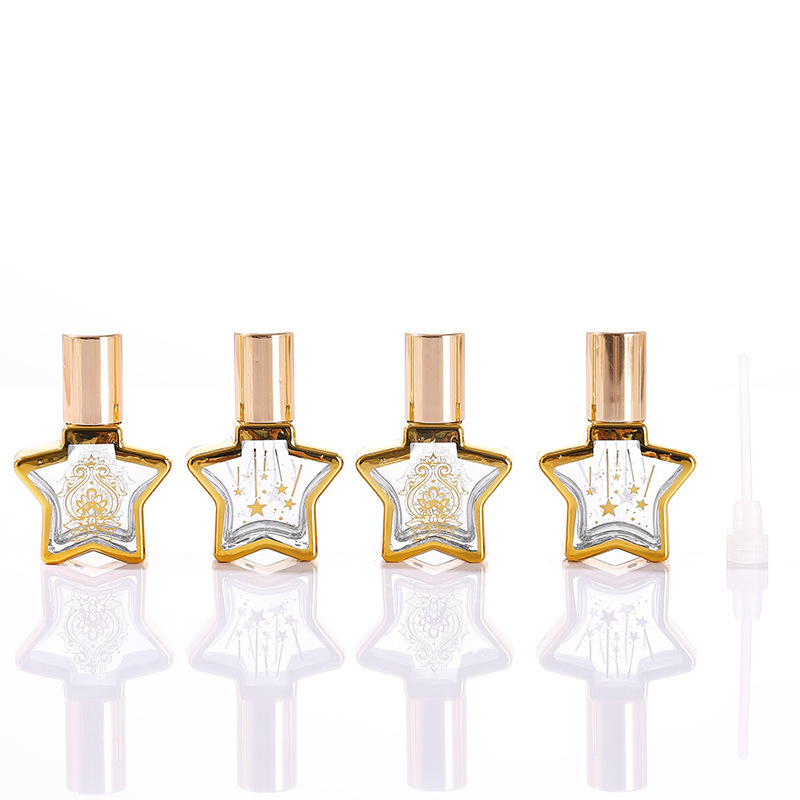8 ml-es üveg parfümhöz és illóolajokhoz, elektroplatinált ötágú csillag fedéllel, permetező és roll-on kivitel