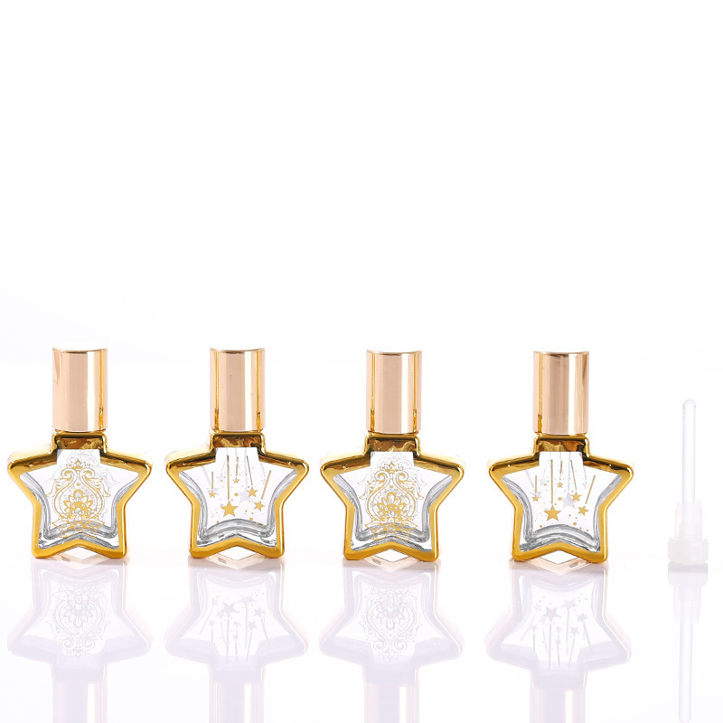8 ml-es üveg parfümhöz és illóolajokhoz, elektroplatinált ötágú csillag fedéllel, permetező és roll-on kivitel