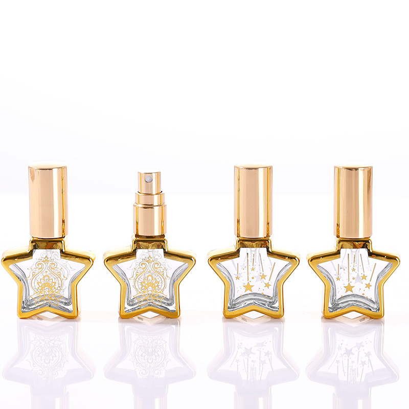8 ml-es üveg parfümhöz és illóolajokhoz, elektroplatinált ötágú csillag fedéllel, permetező és roll-on kivitel