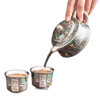 Set Gongfu de ceai 999 argintiu, ceainic și cești realizate manual, inspirat de Orașul Interzis, stil chinezesc, cadou de lux