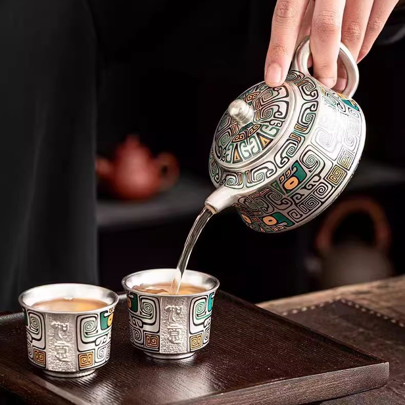 Set Gongfu de ceai 999 argintiu, ceainic și cești realizate manual, inspirat de Orașul Interzis, stil chinezesc, cadou de lux