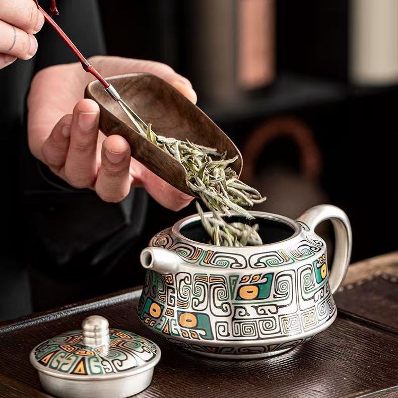 Set Gongfu de ceai 999 argintiu, ceainic și cești realizate manual, inspirat de Orașul Interzis, stil chinezesc, cadou de lux