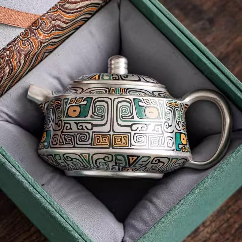 Set Gongfu de ceai 999 argintiu, ceainic și cești realizate manual, inspirat de Orașul Interzis, stil chinezesc, cadou de lux