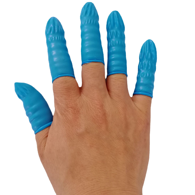 Jednokratne plave nitrilne finger cot s uvijenim rubom, bez sumpora i bez silikonskog ulja, antistatичan, za elektroniku i kozmetiku.