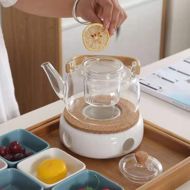 Set ceremonial de ceai din sticlă, ceainic cu mâner din bambus pentru fierberea și infuzarea ceaiului pe plită ceramică electrică