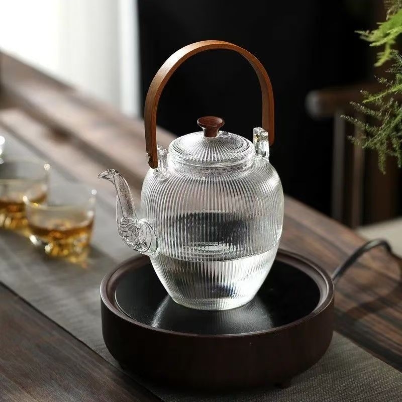Ceainic din sticlă, stil japonez, cu mâner, 1000 ml, ceai de flori, rezistent la căldură