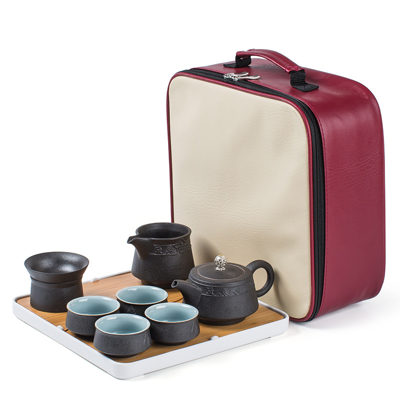 Set Kung Fu de ceai din ceramică neagră, portabil pentru călătorii, mini set de ceai cu tavă