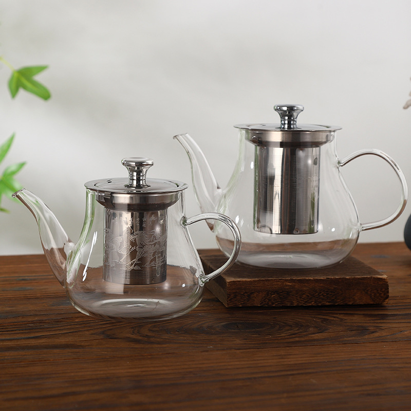 Set Gongfu de ceai din sticlă borosilikat rezistentă la căldură, cu ceainic filtrant și căni transparente pentru ceai de flori, 400 ml sau 600 ml