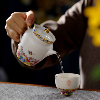 Set Gongfu de ceai din ceramică de jad, model floral pe fond auriu, cutie cadou premium, cadouri de afaceri pentru birou și casă