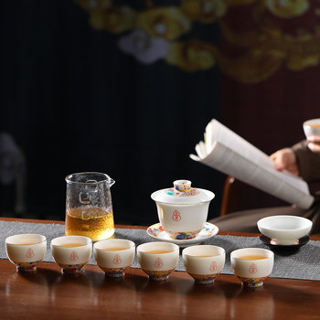 Set Gongfu de ceai din ceramică de jad, model floral pe fond auriu, cutie cadou premium, cadouri de afaceri pentru birou și casă