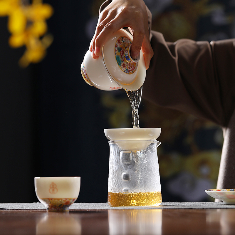 Set Gongfu de ceai din ceramică de jad, model floral pe fond auriu, cutie cadou premium, cadouri de afaceri pentru birou și casă