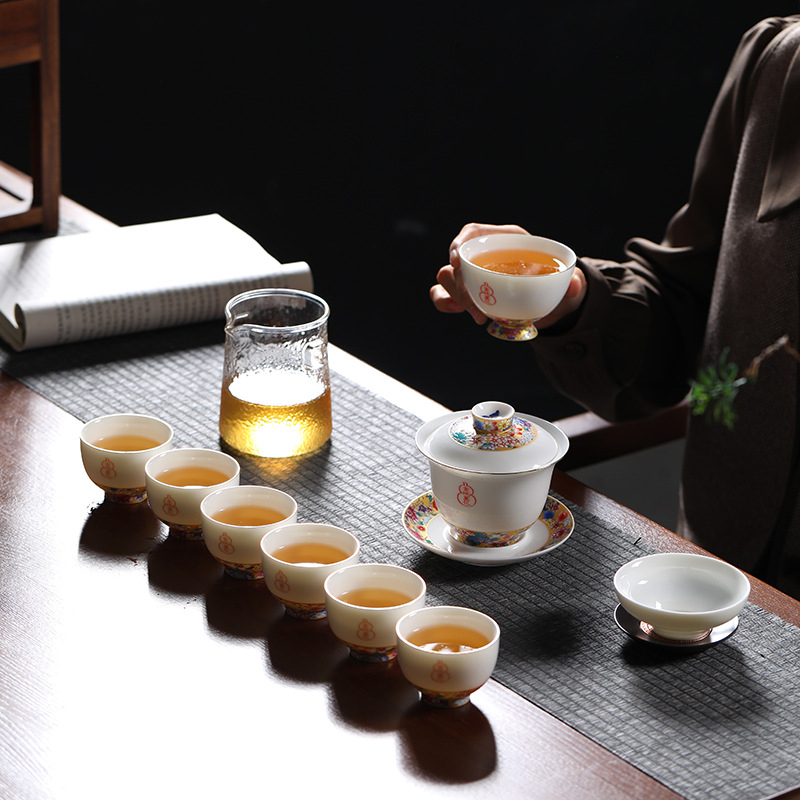 Set Gongfu de ceai din ceramică de jad, model floral pe fond auriu, cutie cadou premium, cadouri de afaceri pentru birou și casă