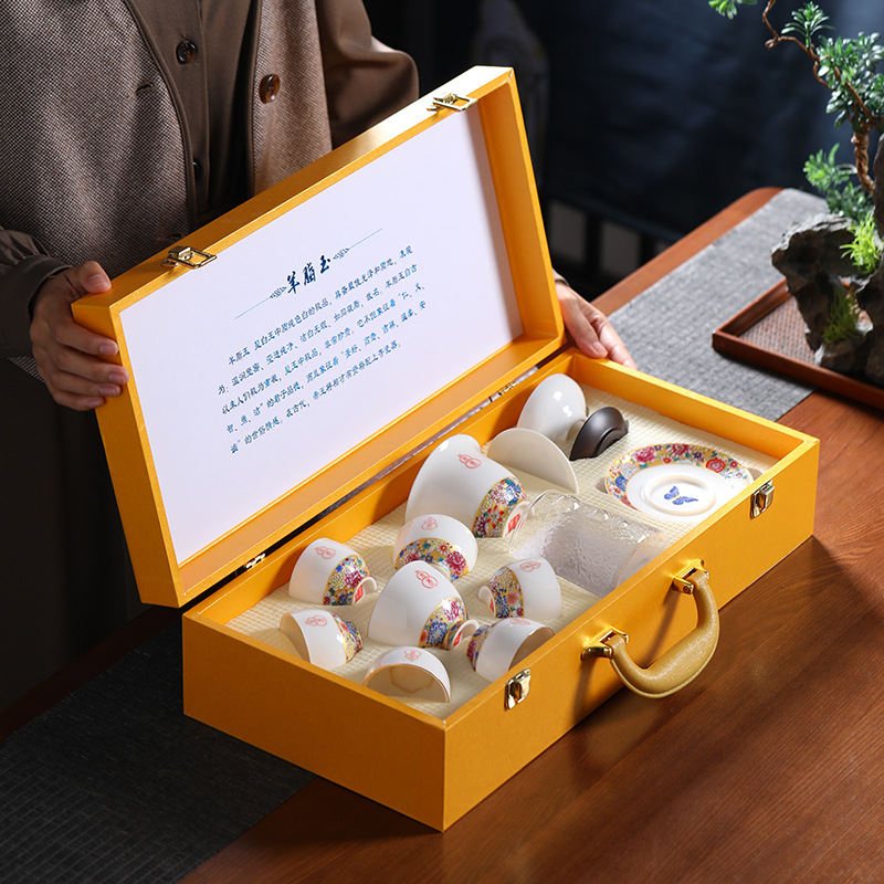 Set Gongfu de ceai din ceramică de jad, model floral pe fond auriu, cutie cadou premium, cadouri de afaceri pentru birou și casă