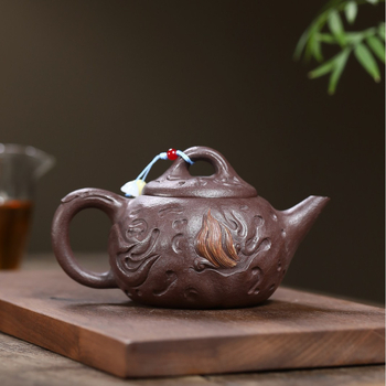 Ceainic Yixing Zisha, lut purpuriu original, realizat manual de un maestru renumit, design cu motiv de creatură norocoasă pentru infuzarea ceaiului