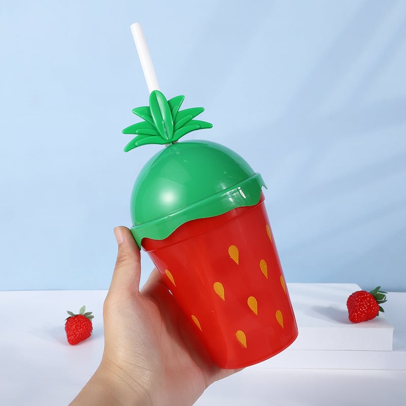 Pahar plastic cu pai în model de căpșună, design drăguț pentru milk tea, capacitate mare, en gros