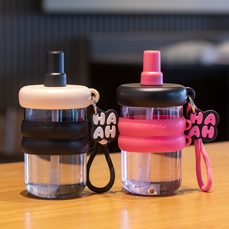 Pahar din plastic cu pai, portabil, stilat, pentru băuturi duble: ceai cu lapte și cafea, pentru birou