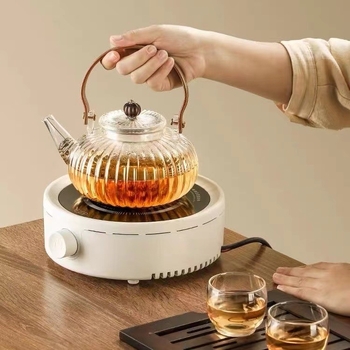 Ceainic din sticlă borosilicat de înaltă rezistență, cu utilizare dublă și mâner de ridicare, pentru fierberea apei și infuzarea ceaiului
