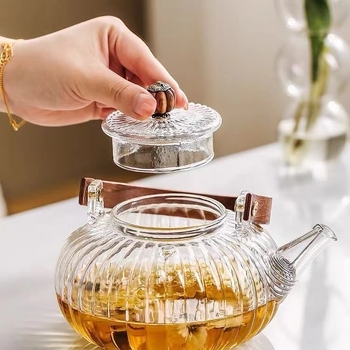 Ceainic din sticlă borosilicat de înaltă rezistență, cu utilizare dublă și mâner de ridicare, pentru fierberea apei și infuzarea ceaiului