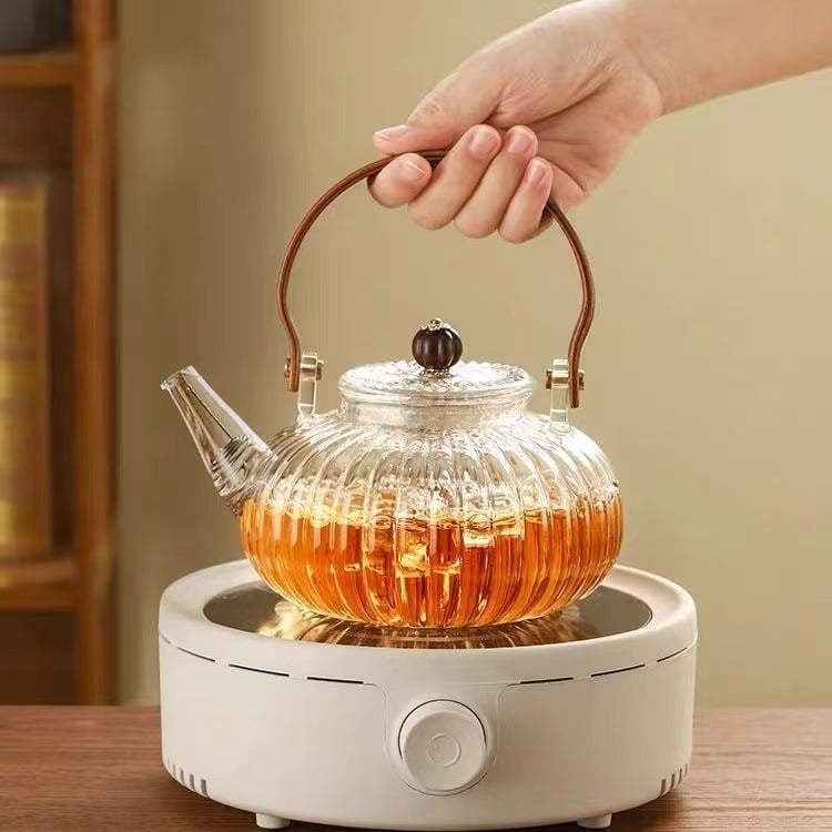 Ceainic din sticlă borosilicat de înaltă rezistență, cu utilizare dublă și mâner de ridicare, pentru fierberea apei și infuzarea ceaiului