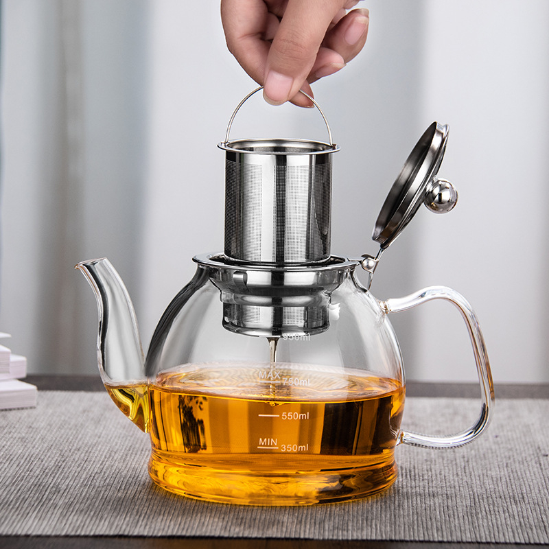 Ceainic din sticlă borosilicată groasă, rezistent la căldură, pentru plită electrică ceramică, cu filtru din oțel inoxidabil demontabil