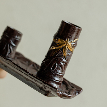 Changpuju: Suport pentru ceainic cu loc pentru capac, raft ceramic pentru ceremonia ceaiului, design roșu ruginiu și auriu cu nod de bambus